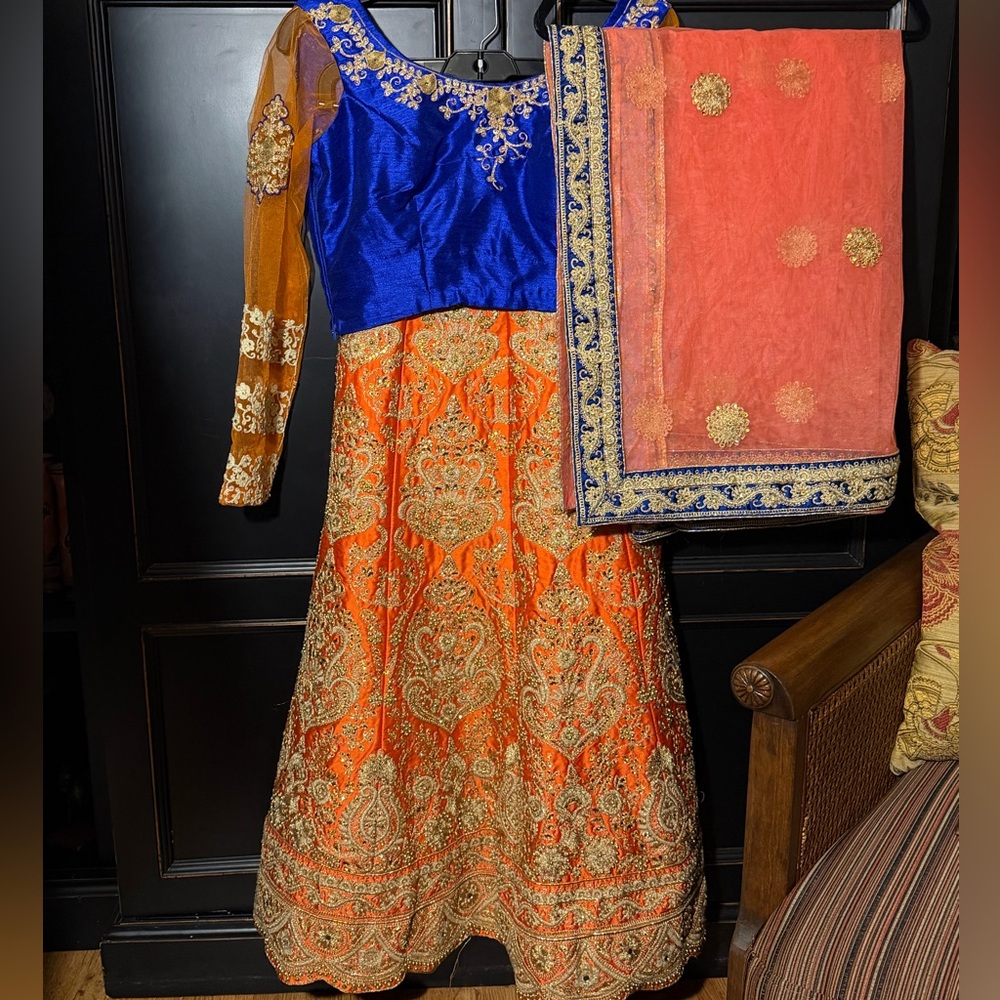 Stunning Orange & Royal Blue Indian Lehenga Choli with Gold Embroidery